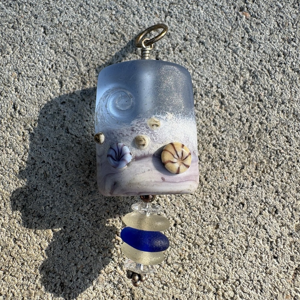Artisan Lampwork Glass Beach Pendant Blue Purple Sea Glass Wave Shell Charm